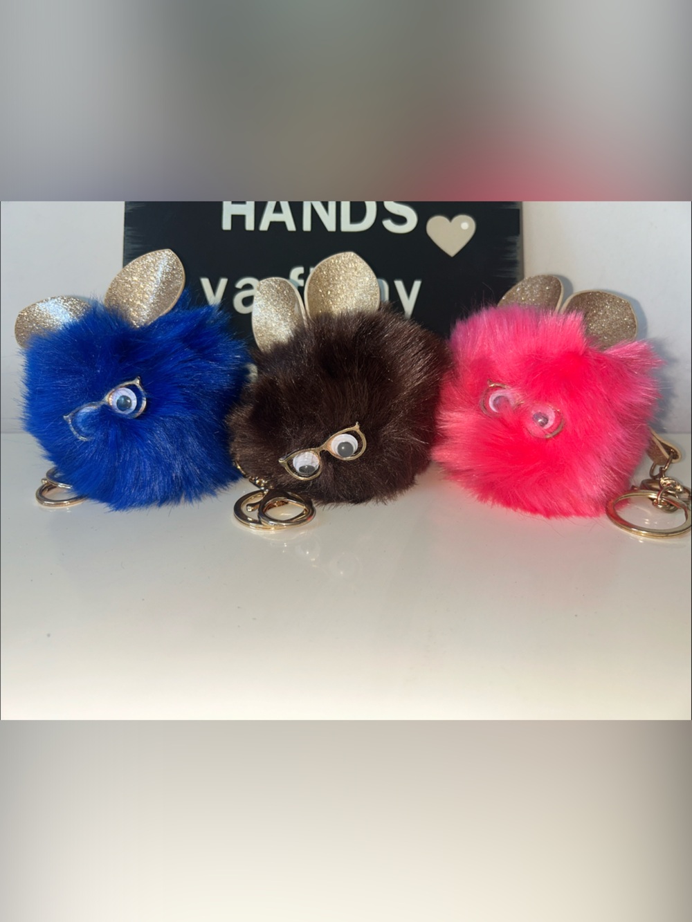 Faux Fur Pom Pom Keychain Trio - Blue, Brown, Hot Pink